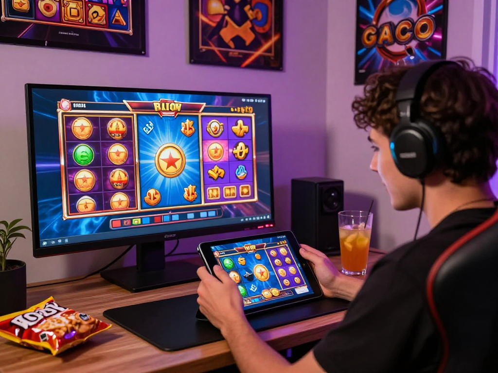 Exciting player enjoying slot gacor games on a tablet in a cozy gaming setup.