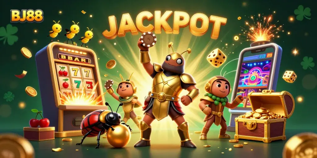 Experience the thrill of BJ88 casino with a vibrant jackpot scene featuring dazzling characters and dynamic casino elements.