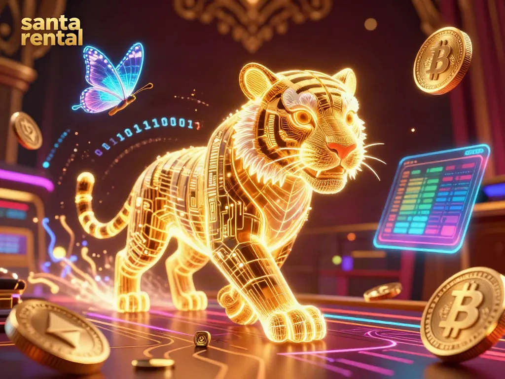 Engage in the festive spirit with a vibrant depiction of Santa rental amid a bustling digital casino.