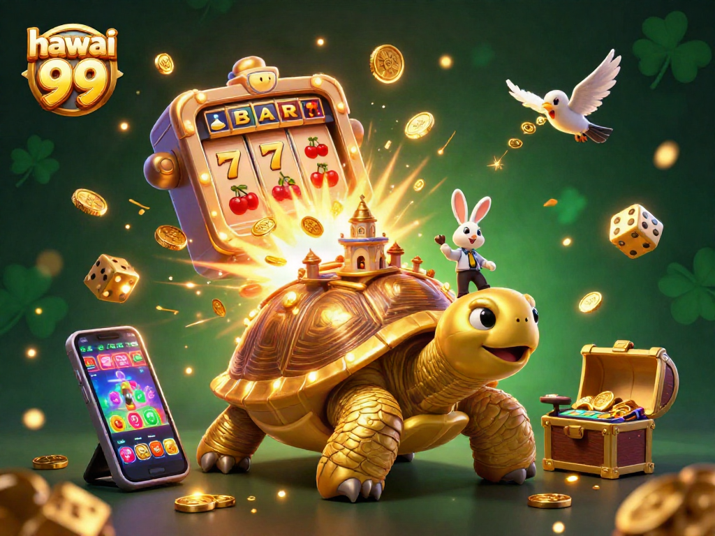 Experience excitement at hawai 99 with a vibrant casino scene featuring a golden tortoise and dealer.