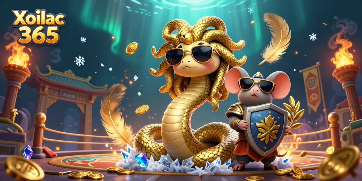 Xoilac 365 showcases a lively sports betting arena, featuring Medusa and a warrior mouse amid gold coins.