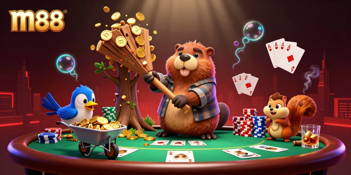 Experience the excitement of m88 with a lively casino scene featuring cartoon characters and extravagant gambling elements.