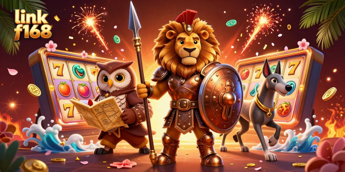 Experience the thrill of winning at link f168 with a vibrant 3D casino scene featuring slot reels and dynamic characters.