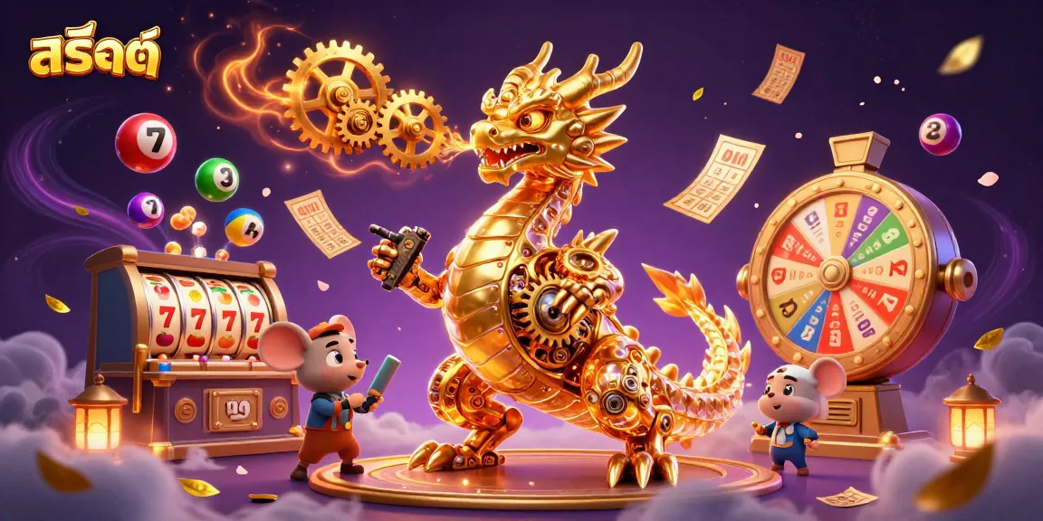 Engage in slots with สล็อต-themed golden dragon and vibrant lottery elements in a rich casino atmosphere.