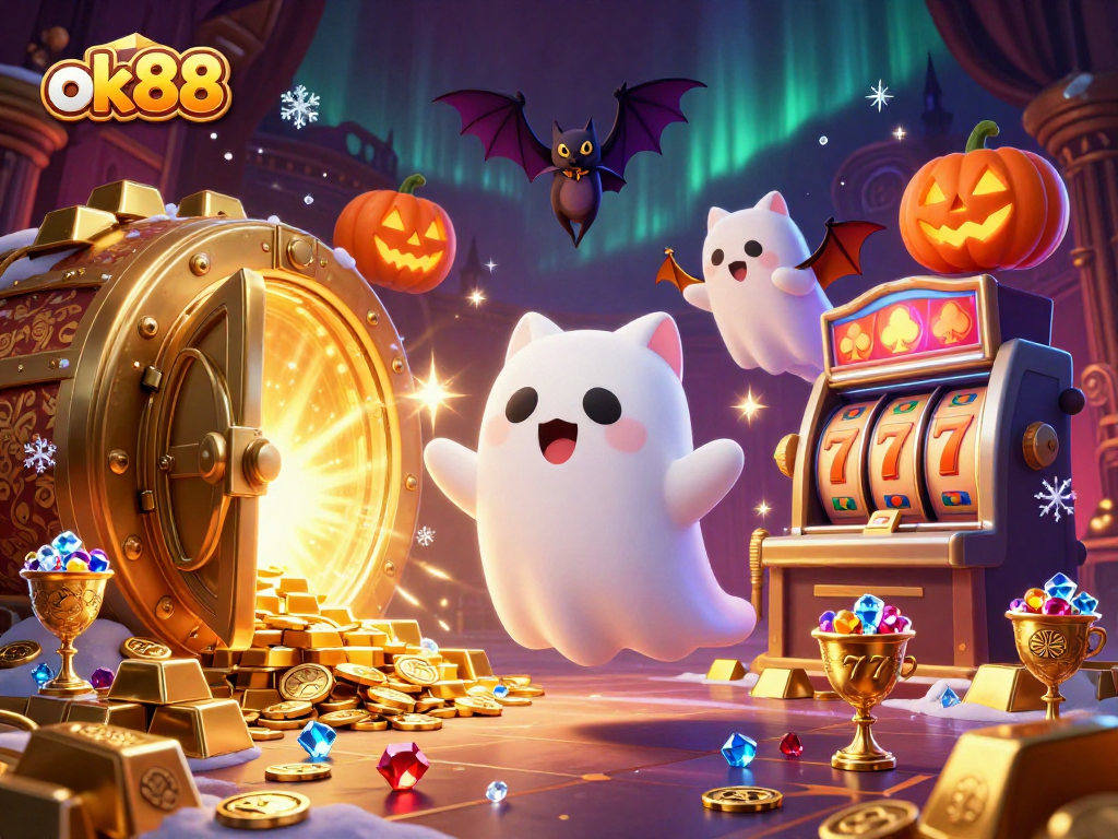 Experience the thrills of ok88 with a haunted casino scene featuring vibrant characters and slot machines.