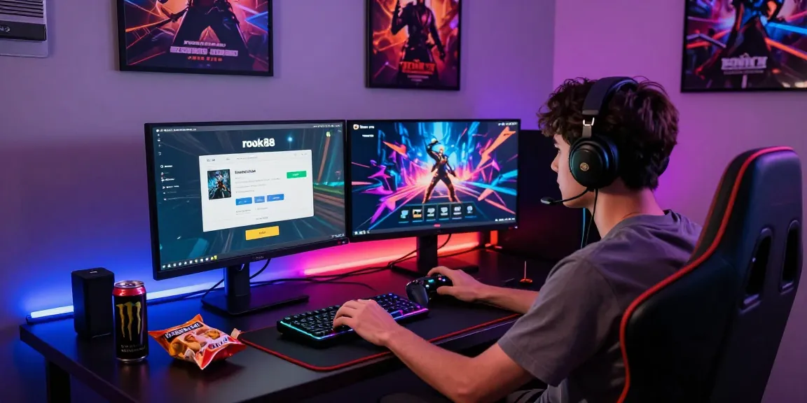 Gamer focused on rokok88 login page in vibrant gaming setup.