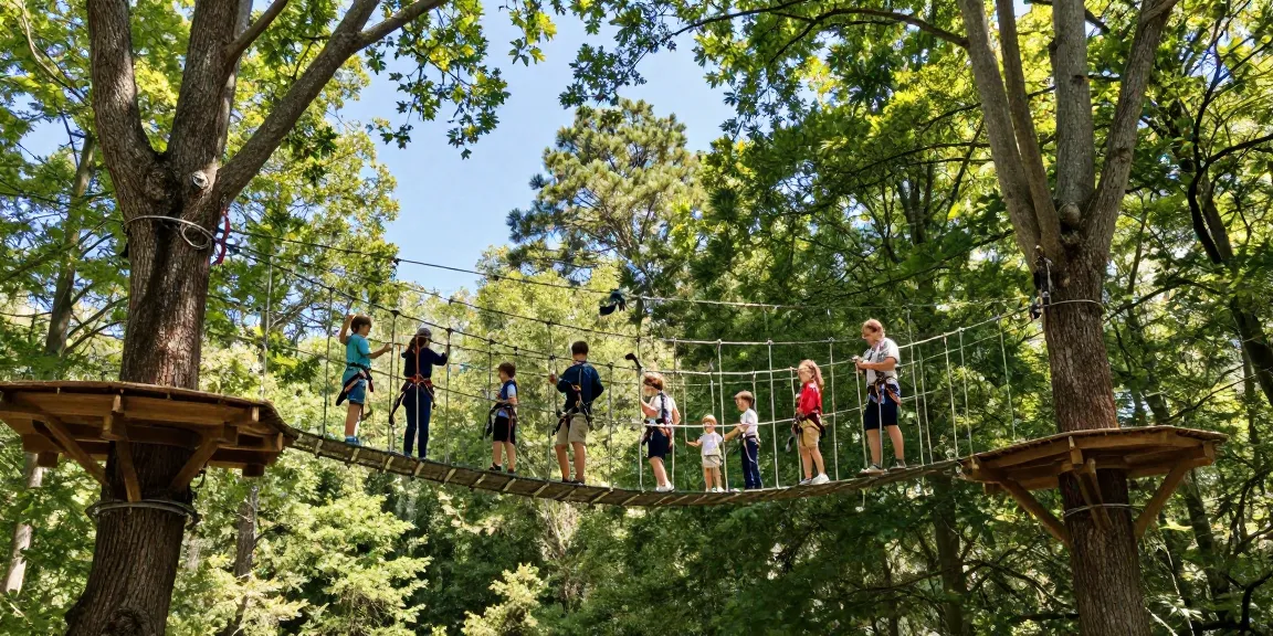 Rope Bridge design connecting tree platforms in a vibrant forest setting, family crossing joyfully.