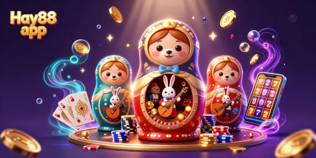 Engage with the Hay88 app showcasing casino games in a bustling and vibrant 3D illustration.