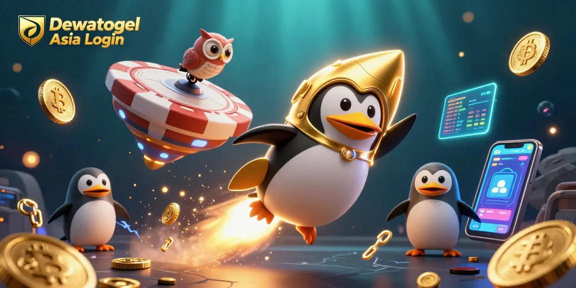 Dewatogel Asia Login showcases vibrant casino elements amid golden coins and a cartoon penguin in space.