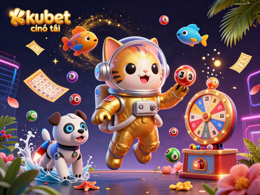Engage with kubet chính thức and experience thrilling lottery excitement depicted in a colorful and dynamic 3D scene.