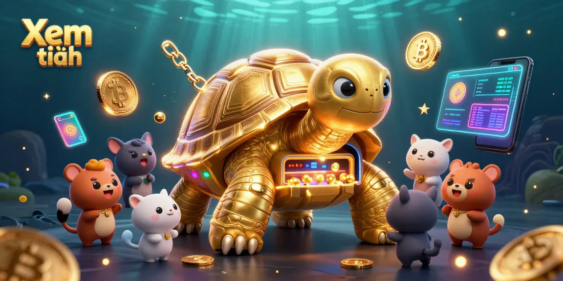 Xem thêm in a dynamic gambling scene with a colossal tortoise featuring a pinball machine shell and cryptocurrency elements.