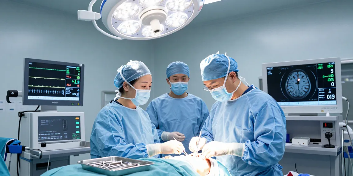 Beyin ameliyatı in a modern operating room with a skilled neurosurgeon focused on patient care.