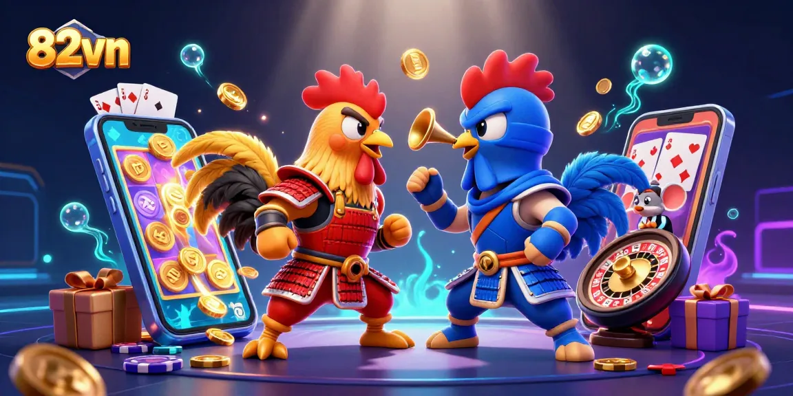 Engage with 82vn's thrilling rooster showdown, a vibrant casino clash full of colors and excitement.