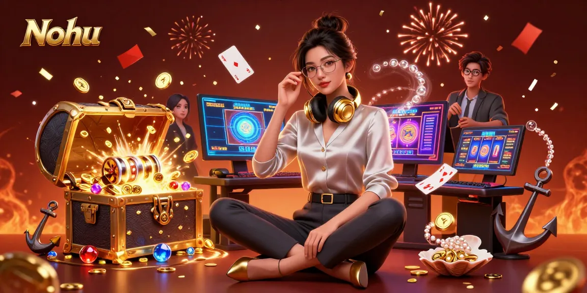 Nohu gaming setup with an elegant woman playing online slots and winning big in a vibrant scene