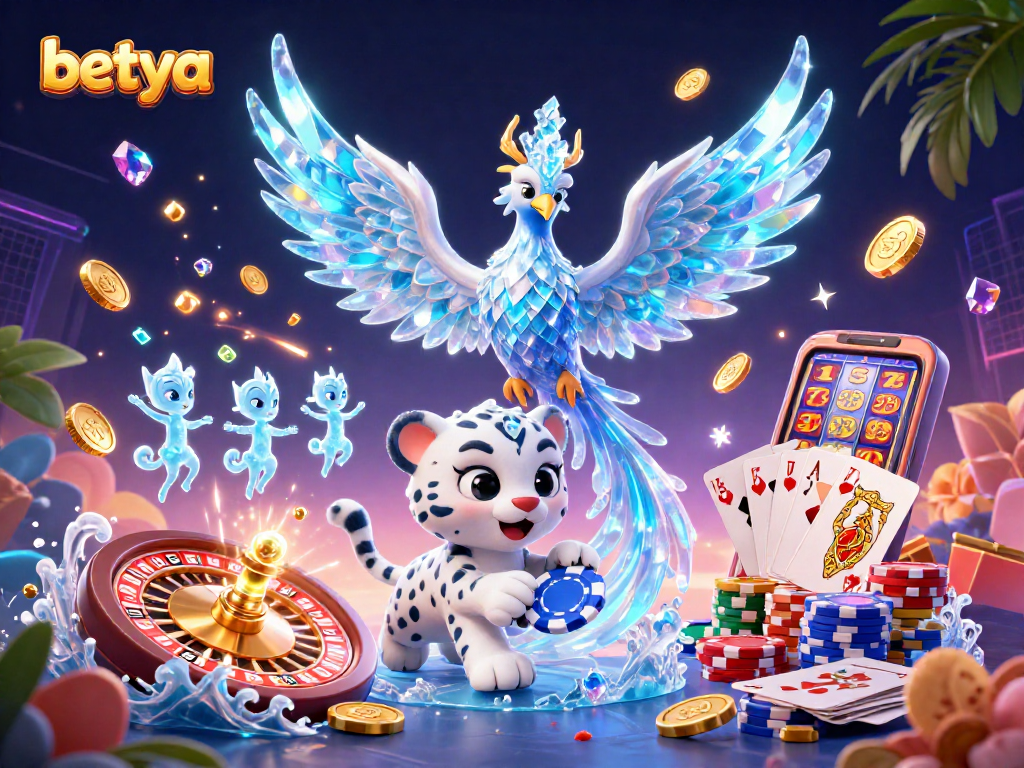Experience excitement and wins at betya with a 3D cartoon illustration of an ice phoenix, poker, and casino elements.