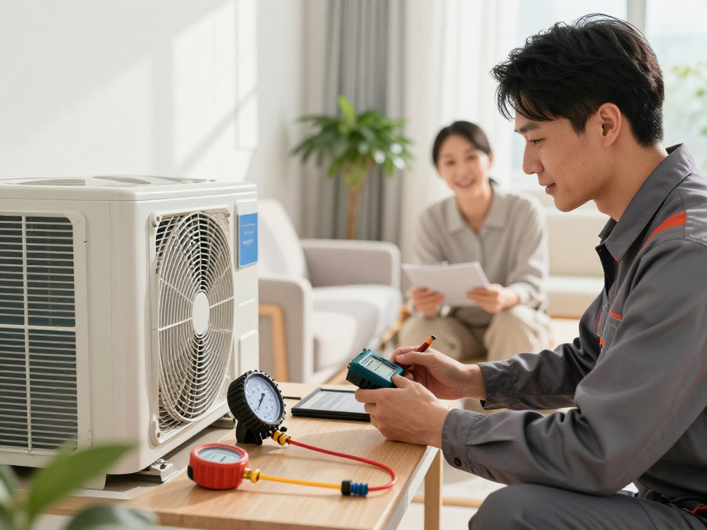 HVAC SEO company showcasing a professional technician inspecting a modern HVAC system in a bright home environment.