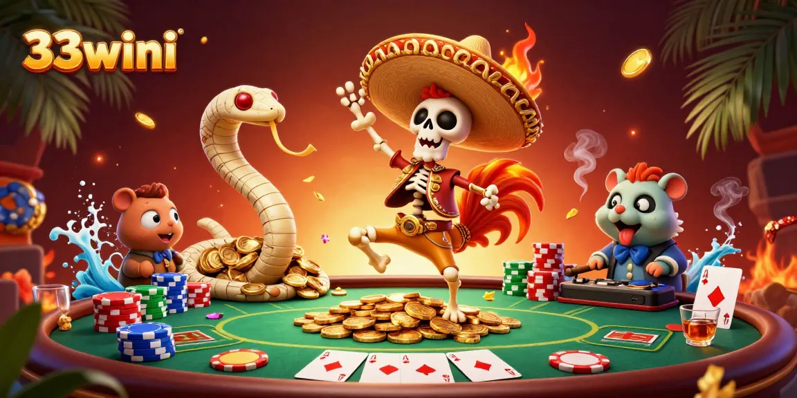 Experience thrilling gameplay at 33wini with a vibrant 3D casino character scene including a victory dancing rooster.