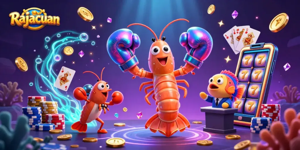 Engage in thrilling casino action with Rajacuan featuring vibrant slot reels, golden coins, and animated sea creatures.