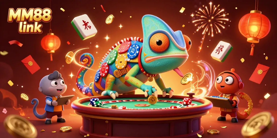 Experience the excitement of the MM88 link with a vibrant casino scene featuring a magical chameleon owner.