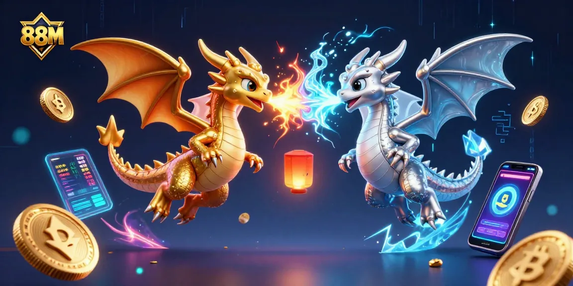 Engage with 88M in a vibrant 3D illustration showcasing gold and silver dragons amid digital currency elements.