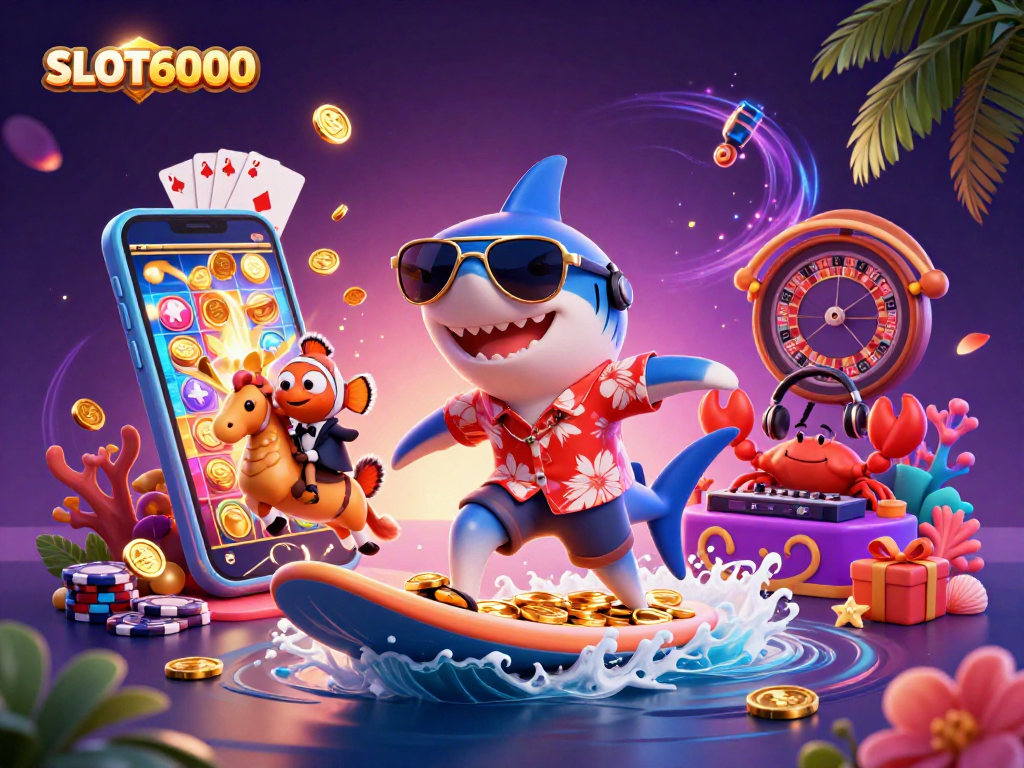 SLOT6000 features a vibrant scene with characters engaging in a dynamic gaming atmosphere.