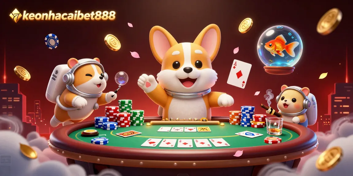 Engage with keonhacaibet888's exciting casino scene featuring playful characters and vibrant gambling elements.