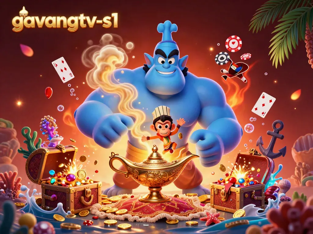 Experience the excitement of gavangtv-s1 with a dynamic casino-themed genie scene, featuring vibrant 3D elements.