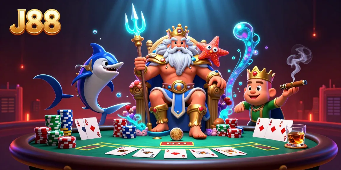 Engage with J88 at a vibrant casino scene featuring Neptune and poker elements