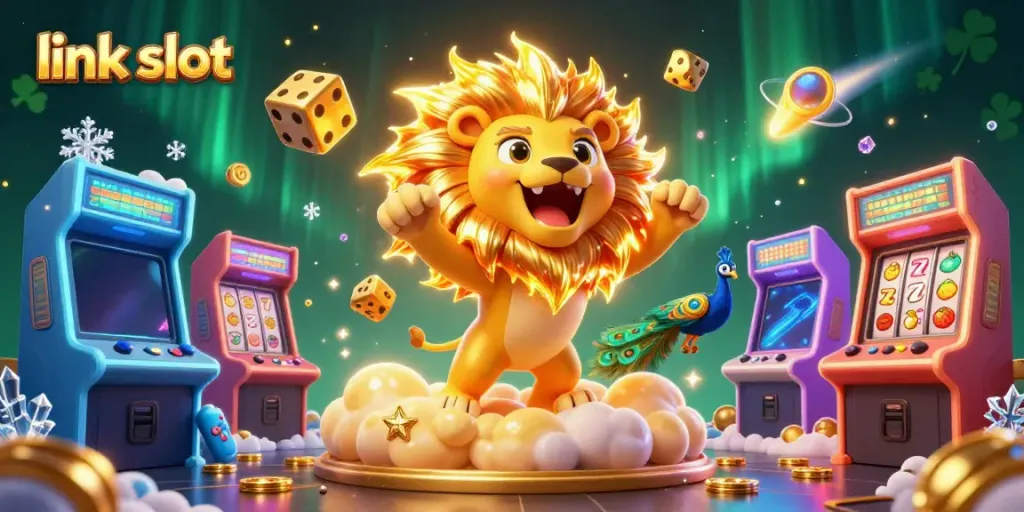 Engage with link slot games featuring an energetic casino scene with a roaring lion and vibrant elements.