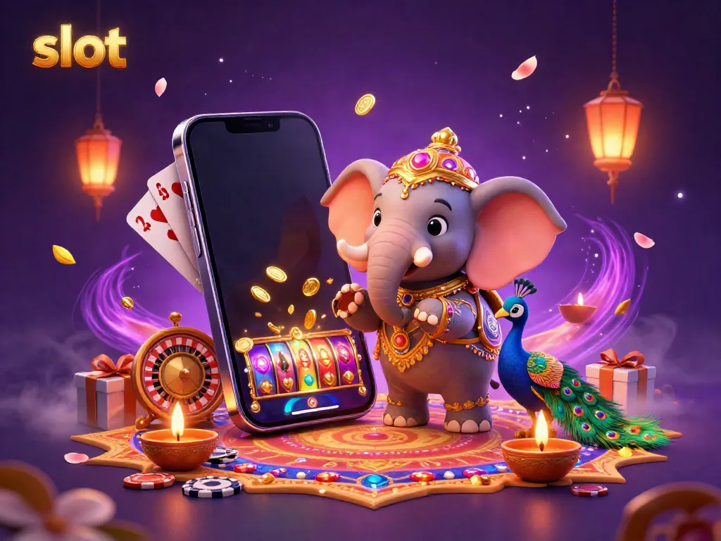 Bermain slot dengan elefant bertema Diwali dan burung merak, dikelilingi koin dan kartu.