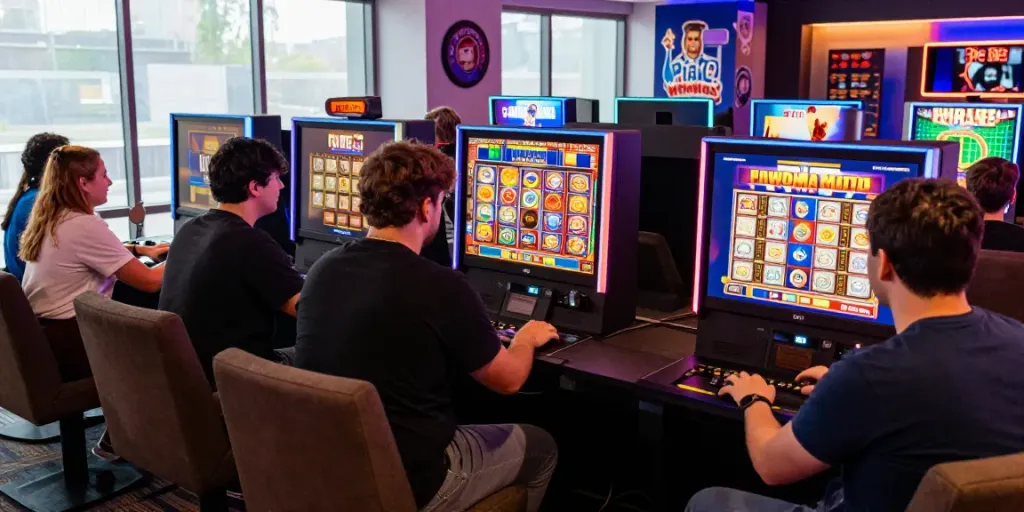 Exciting gaming scene of players enjoying slot games on WIRA55 platform, showcasing vibrant atmosphere and diverse participants.