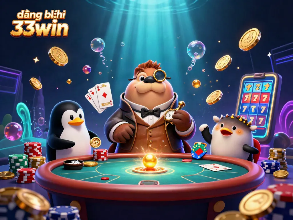 Engage in vibrant gaming at đăng ký 33win with a cartoon walrus, penguin dealer, and pufferfish in an underwater casino scene.