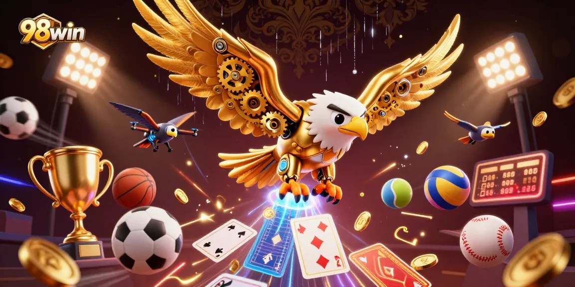 Experience dynamic gaming excitement at 98win with a golden eagle soaring through holographic cards and sports elements.