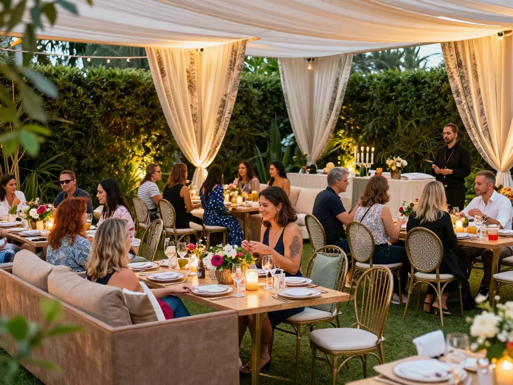 Event furniture rental setup featuring elegant lounge seating and dining tables under ambient lighting.