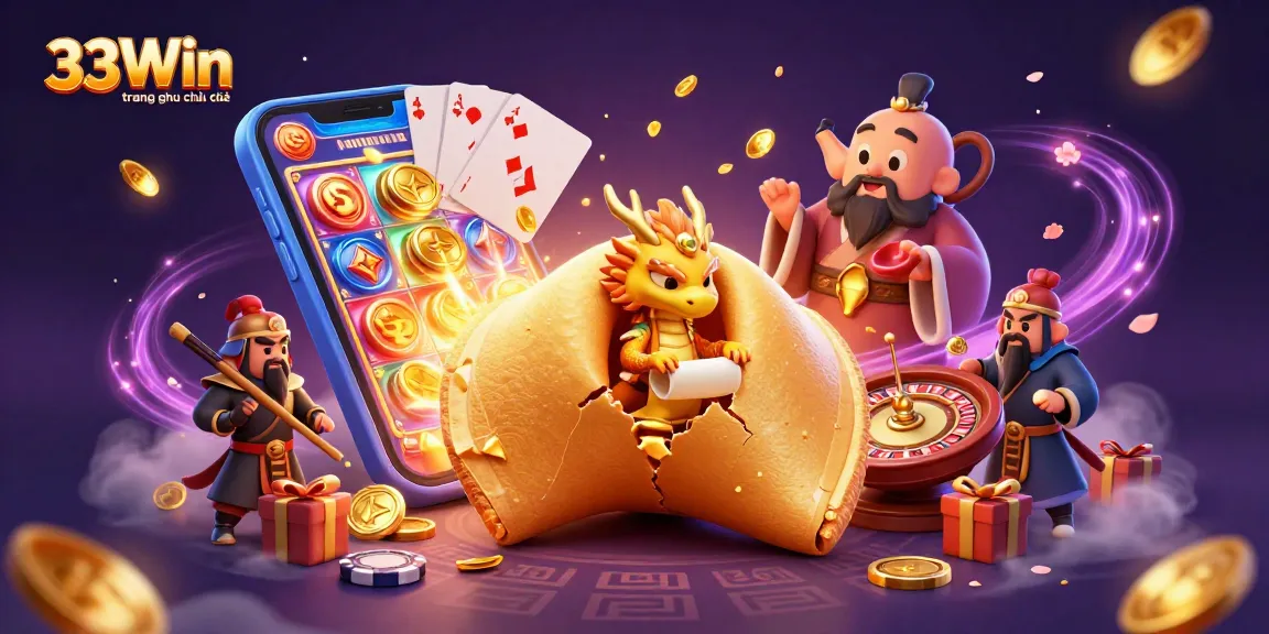 Engage with 33Win trang chủ chính thức in a vibrant 3D casino scene filled with games and fortune elements.