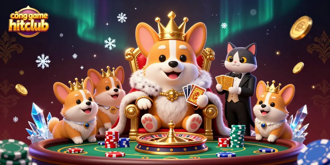 A royal scene at cổng game hitclub showcasing a corgi prince on a poker chip throne with a cat butler.
