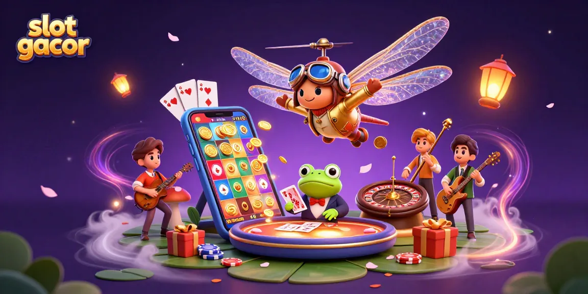 Engage with slot gacor action as a vibrant dragonfly pilot and frog croupier create a lively casino scene.