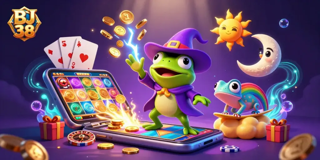 Experience the thrill of BJ 38 casino games with vibrant characters and dynamic gambling elements.