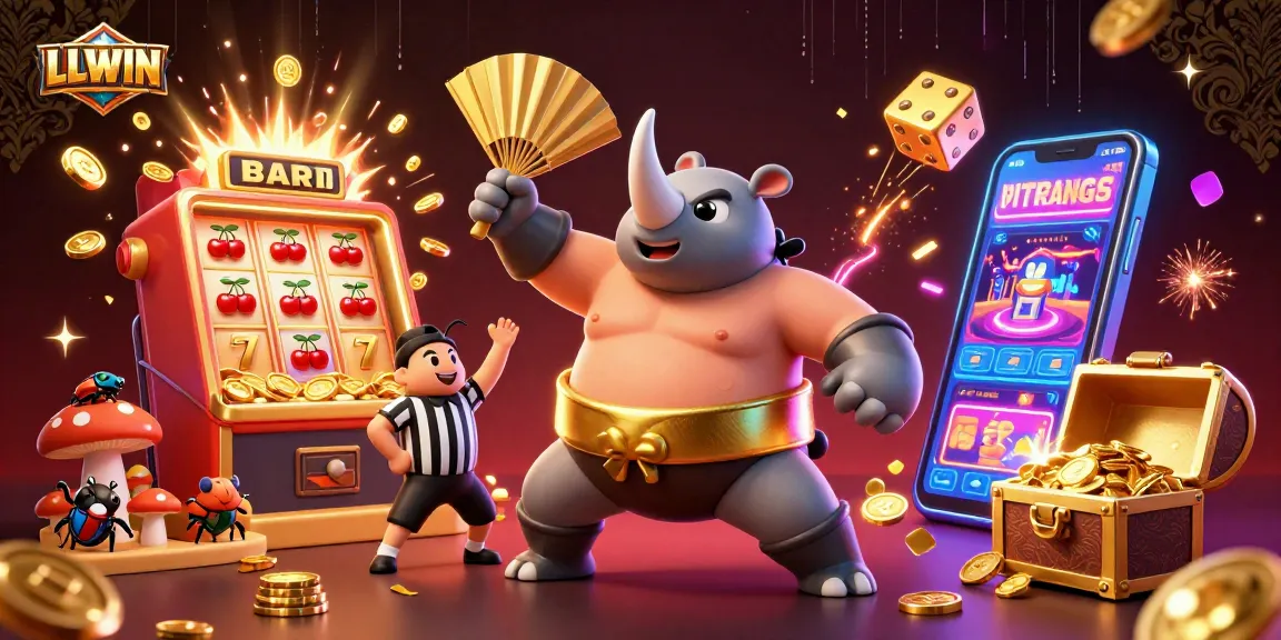 LLWIN showcases a thrilling casino scene with a rhinoceros beetle champion winning a jackpot amidst dynamic gaming elements.