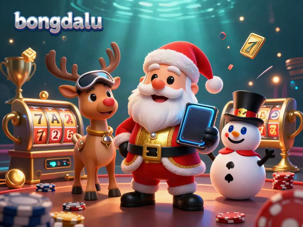 Bongdalu showcases a vibrant 3D scene with Santa, a reindeer, and a snowman celebrating casino wins with dynamic elements.