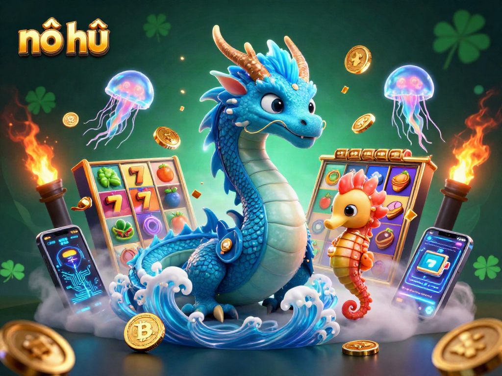 Nổ hũ players engage with colorful slot elements and cryptocurrency visuals in a vibrant underwater scene.