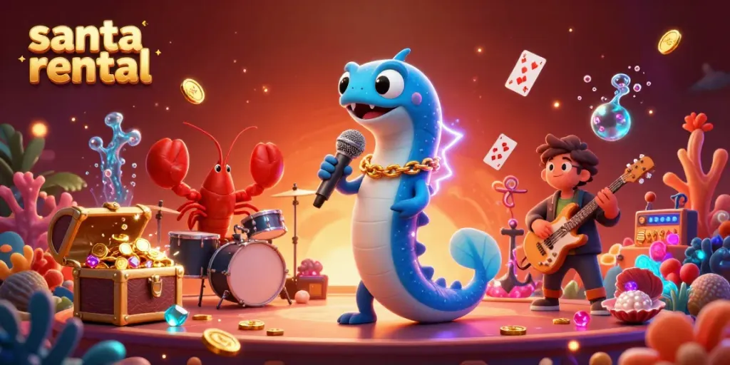 Exciting scene of playful Santa rental in an underwater casino theme, featuring vibrant characters and festive elements.
