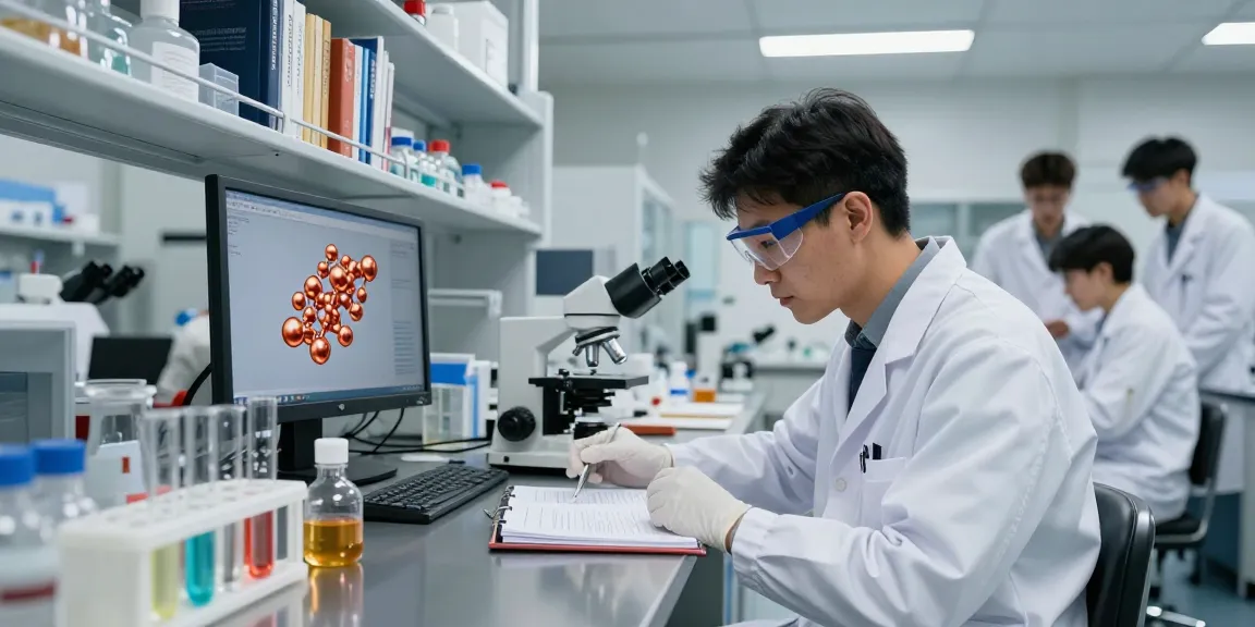Copper peptide research in a lab showcasing vibrant compounds and a scientist's dedication.