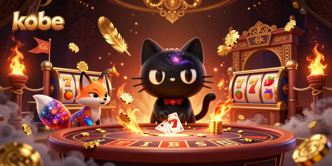 Kobe-themed cosmic casino scene featuring a black hole cat and colorful fox amid dynamic gaming elements.