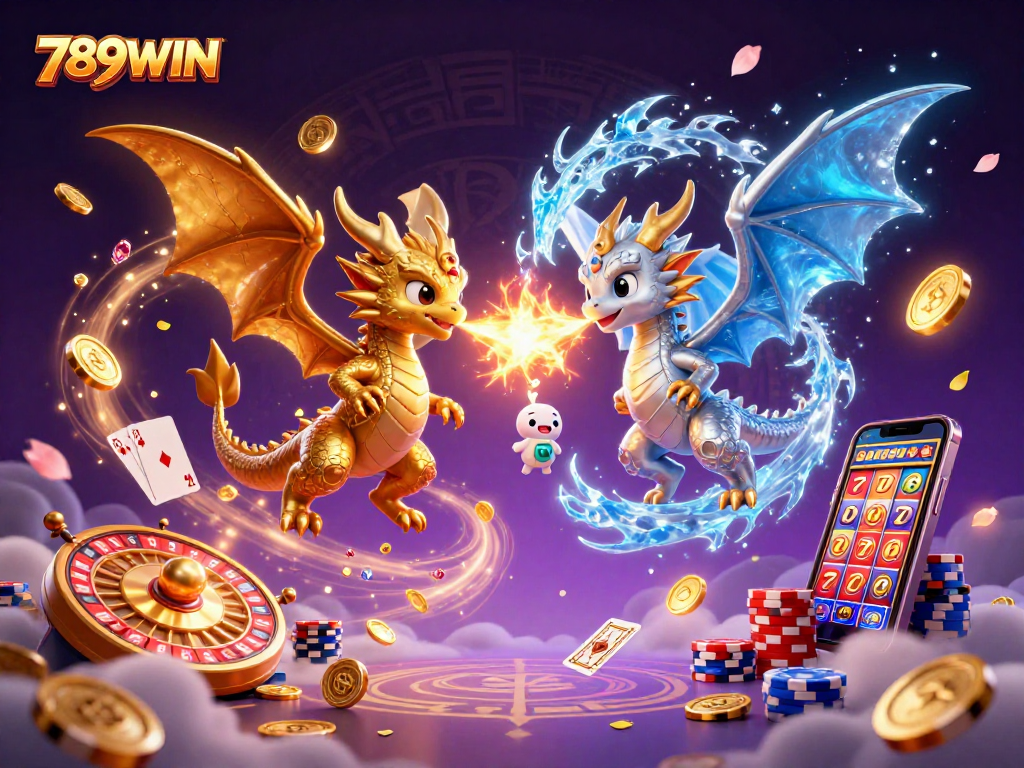 Experience thrilling gameplay with 789WIN featuring twin dragons, poker chips, and spinning roulette wheel.
