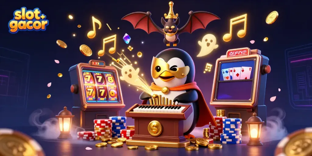 Play slot gacor with a 3D penguin organist in a dazzling casino scene, winning golden coins