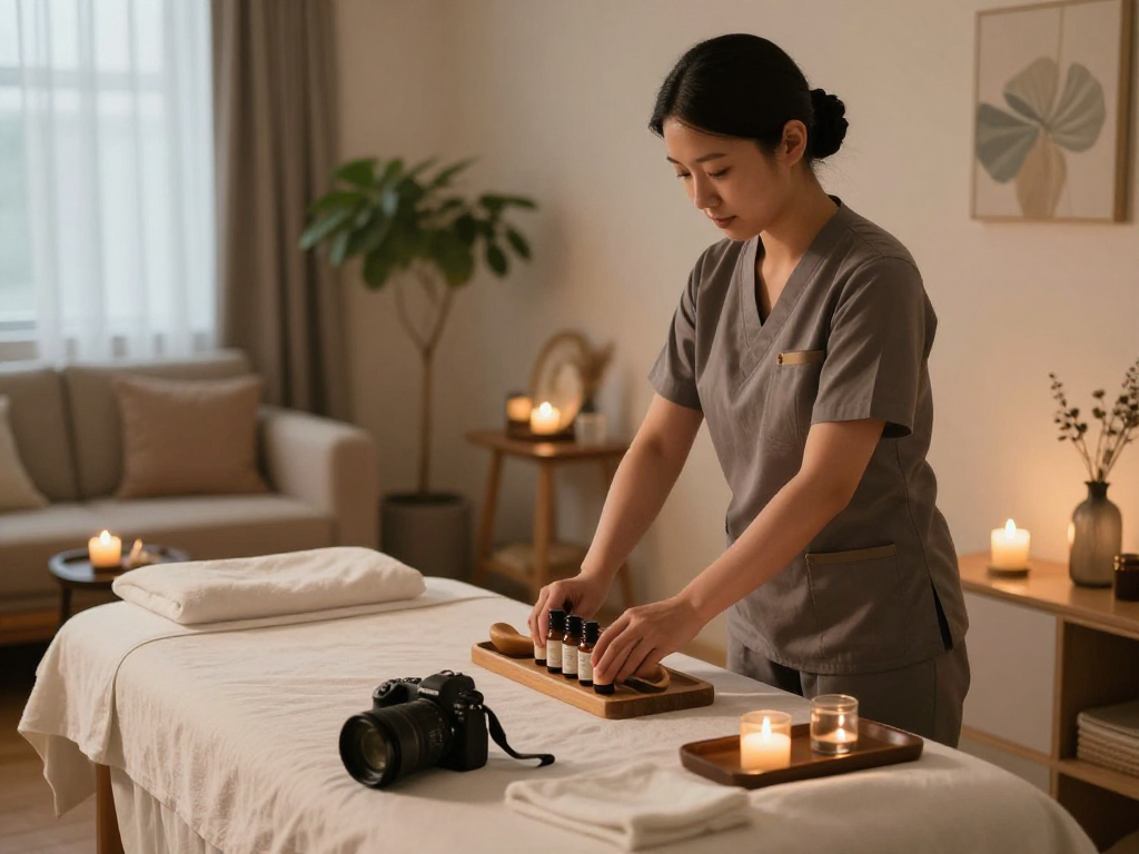 Relaxing home atmosphere for 잠실출장안마 with a Korean therapist preparing for a soothing massage experience.