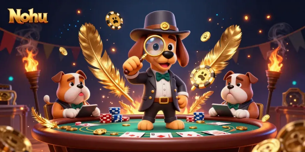 Nohu casino scene where a detective bloodhound analyzes a golden poker chip, dynamic with vibrant elements