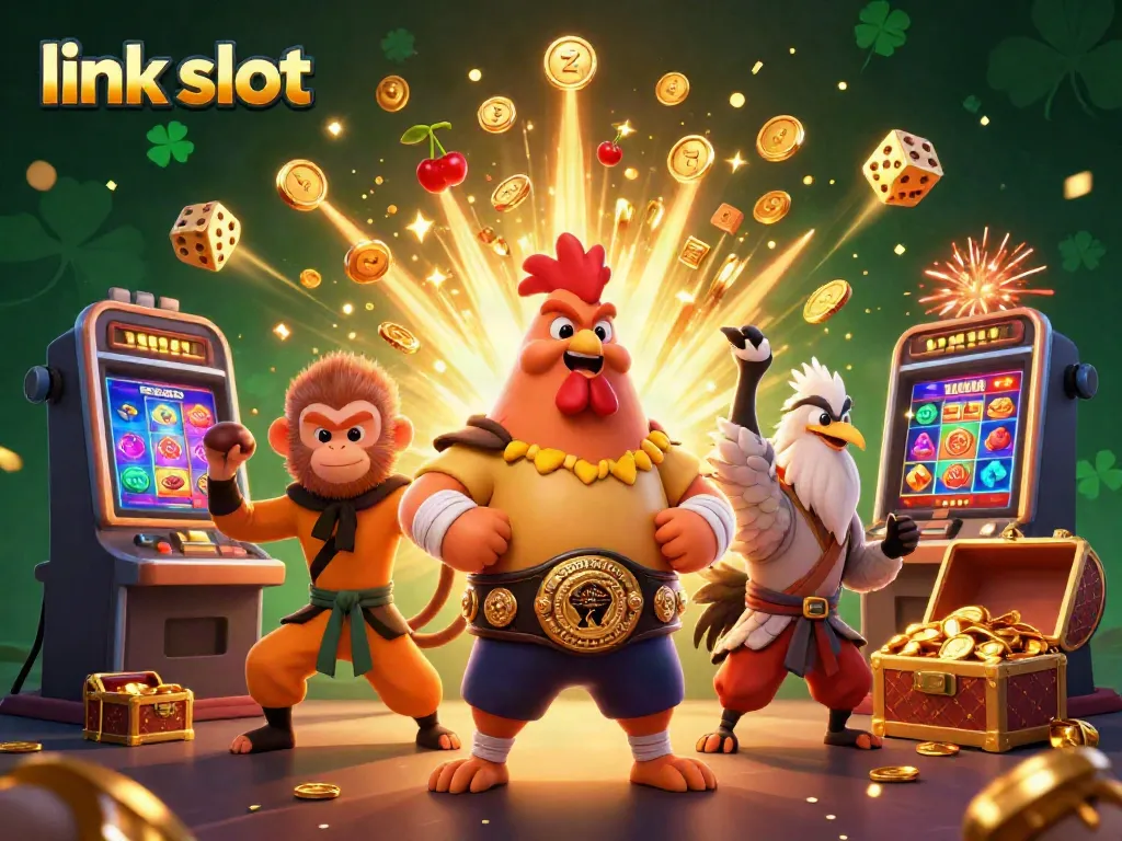 Menang besar di link slot dengan simbol slot dan mesin jackpot.