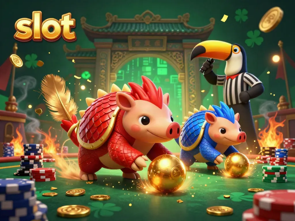 Experience thrilling slot action with cartoon pangolins in a vibrant casino setting.